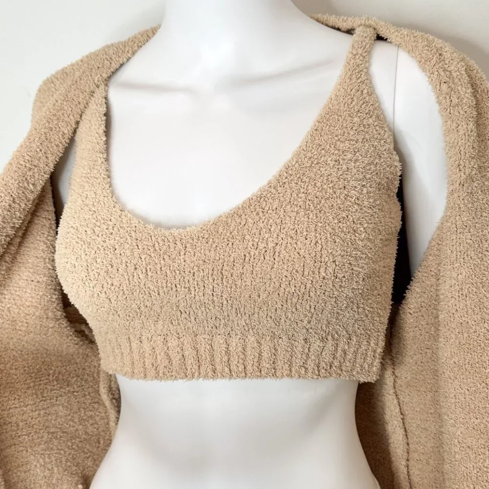 RESA Teddy Cozy Lounge Set Bralette Crop Top and Cardigan Robe in Taupe Tan Sz S